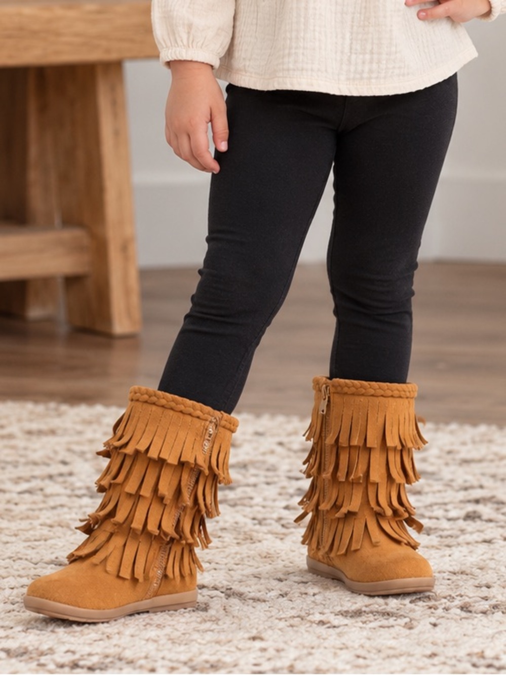 Jumping Beans Girls’ Fringe Suede Boots – Tan, Size 11